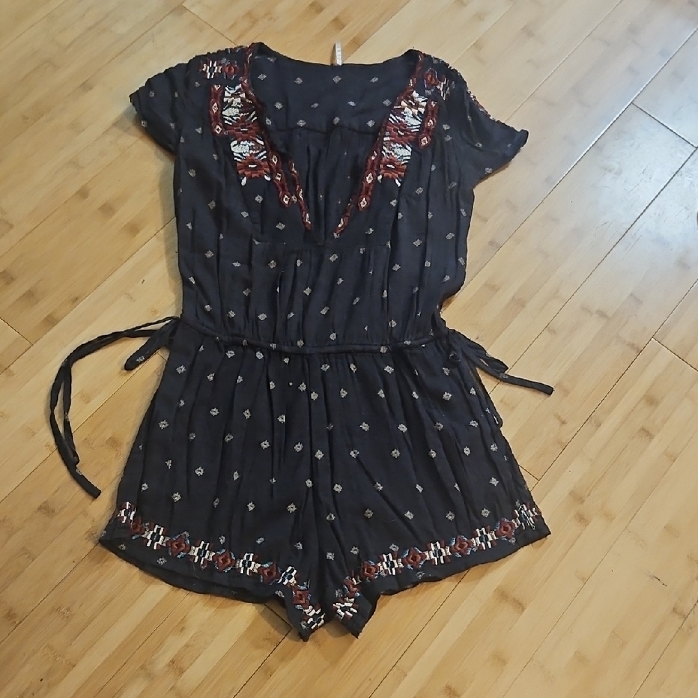 Free People Romper with Embroidery Accents Pockets